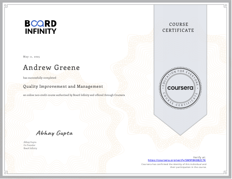 Quality Improvement and Management certificate
