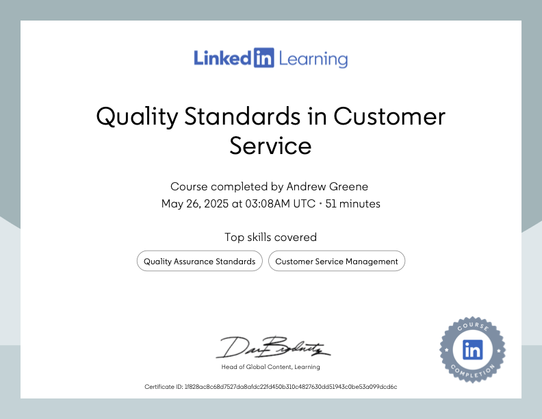 Quality Standards in Customer Service certificate