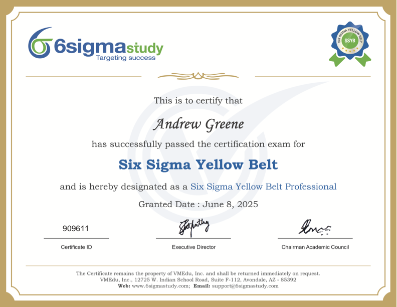 Six Sigma Yellow Belt certificate